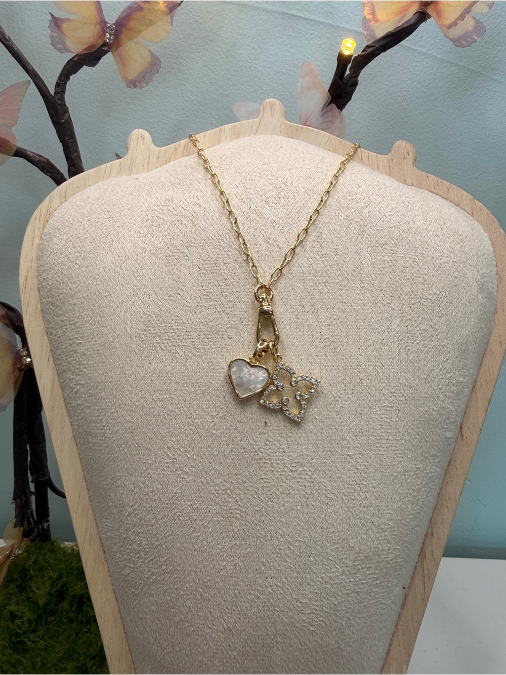 Gold Heart & Flower Charm Necklace - Gold